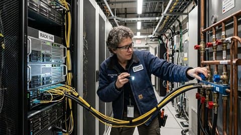 Datacenter technician inspecting rack manifolds