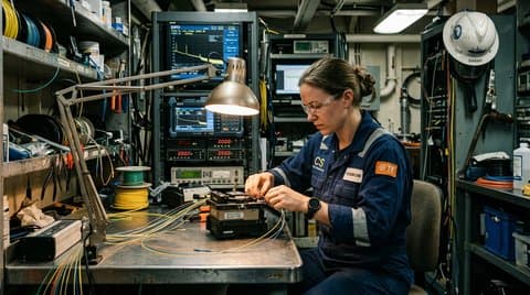 Marine optical technician splicing glass fiber cores inside a cable ship laboratory
