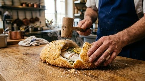 Artisanal chef cracking open a golden baked sea salt crust with a wooden mallet
