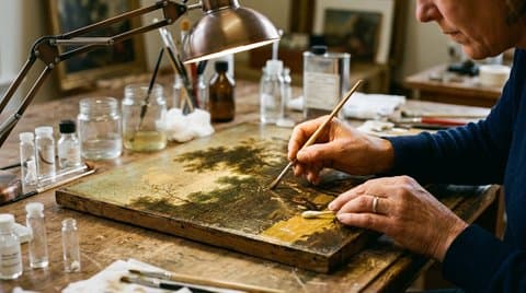 Art conservator cleaning a 17th-century Dutch oil painting on panel