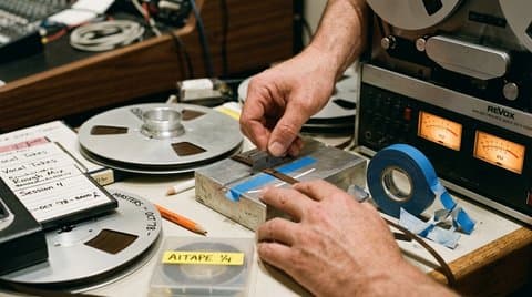 Close-up of human hands splicing quarter-inch magnetic tape on an aluminum block