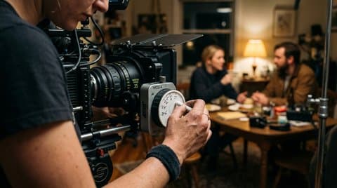 First assistant camera operator marking follow-focus distances on an apartment set