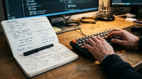 Close-up of engineer typing beside an open notebook of finite-state machine diagrams