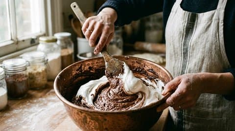 Folding whipped albumen meringue into dark chocolate and roasted almond paste