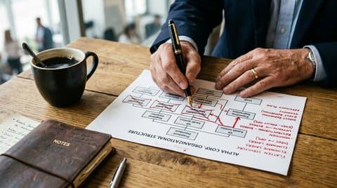 Corporate restructuring audit showing elimination of intermediate management tiers in favor of autonomous agentic pipelines