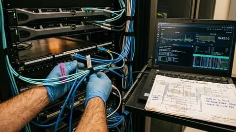 Industrial fiber optic routing and hardware telemetry console in server bay