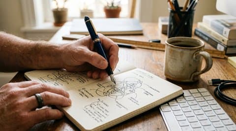 Close-up documentary photograph of systems architect sketching formal invariant flow diagrams in engineering studio