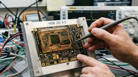 Close-up documentary photograph of tamper-evident hardware security module circuit board with micro-wire mesh and test probes