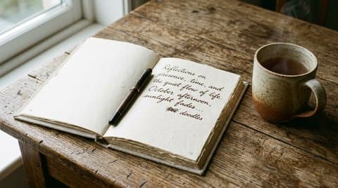 A clothbound linen notebook with sepia handwritten notes rests beside a ceramic mug on aged oak