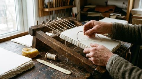 An artisan bookbinder patiently stitches linen thread through signatures of heavy rag paper