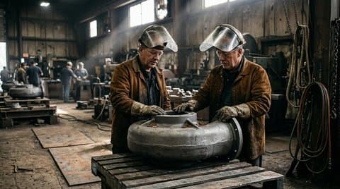 Two veteran industrial foundry workers inspect a massive cast iron centrifugal water pump casing