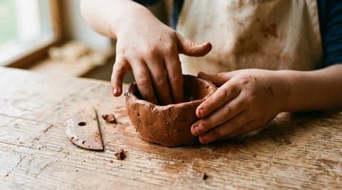 A child's small hands shape a simple damp terracotta clay pinch pot on an untreated pine table