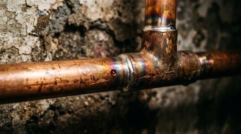A freshly completed sweat solder T-joint on copper pipe shows a clean silver bead and rainbow oxidation hues