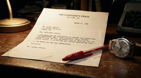 A typed publisher rejection letter rests beside a bitten red ballpoint pen and an old mechanical watch