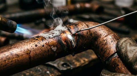 A master plumber applying heat and tin solder to a copper pipe joint