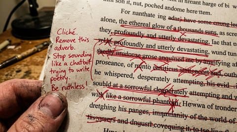 A printed literary manuscript page heavily edited with aggressive red ballpoint pen corrections
