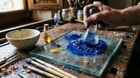 An art conservation workbench with lapis lazuli pigment ground with a glass muller