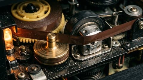 An analog cassette tape mechanism with magnetic tape traveling over a stainless steel playback head