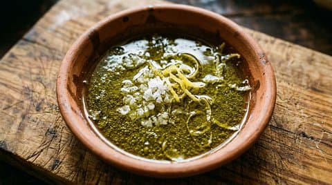 A terracotta bowl with cold-pressed olive oil, coarse sea salt crystals, and lemon zest on an olive wood board