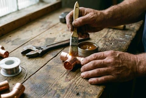 Plumber applying flux paste to copper pipe