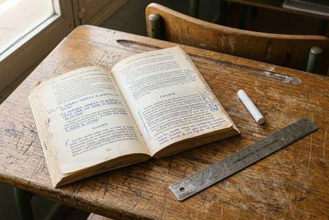 Open Seneca book on wooden desk with chalk and ruler