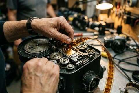 Cinematographer hands threading 16mm film