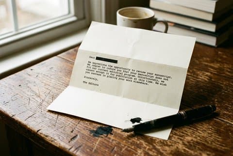 Editorial rejection letter on wooden desk with pen