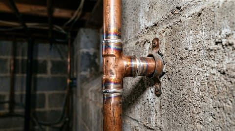 Freshly brazed copper plumbing elbow joint