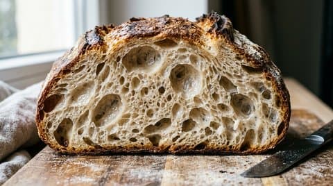 Cross-section of rustic sourdough boule with open alveolar crumb