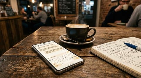 Smartphone on cafe table displaying conversational text interface