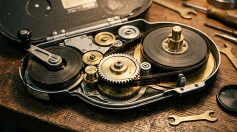 Open 16mm film camera magazine with clockwork spring and sprockets
