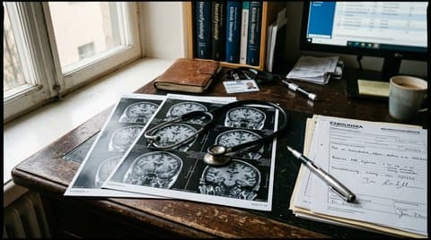 Karolinska clinical neurology desk with coronal MRI prints, acoustic stethoscope, and patient charts