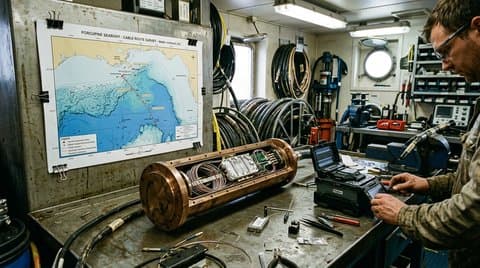 Subsea optical repeater pressure housing under inspection on steel workbench