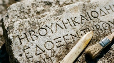 Macro photograph of ancient Greek uncial lettering chiselled into Pentelic marble