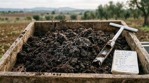 Living dark topsoil showing white mycorrhizal hyphae filaments and field corer auger