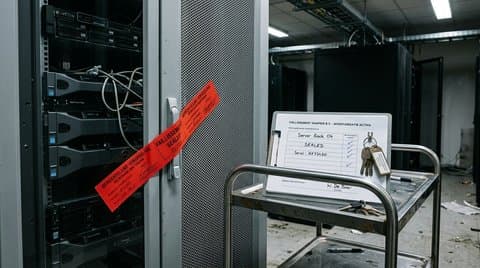 Seized server racks with red Dutch judicial bankruptcy sealing tape and asset inventory clipboard