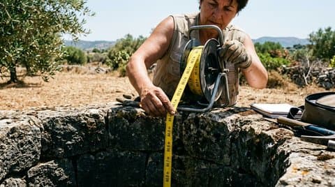 Agronomist lowering piezometric sounding probe into stone agricultural well