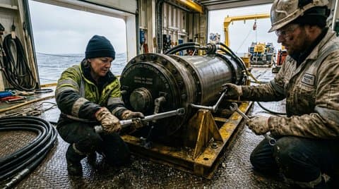 Marine technicians securing a heavy titanium optical repeater