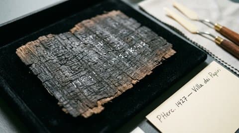 Carbonized Herculaneum papyrus fragment under raking conservation light