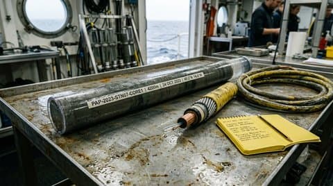 Polycarbonate abyssal sediment core tube beside armored subsea cable section