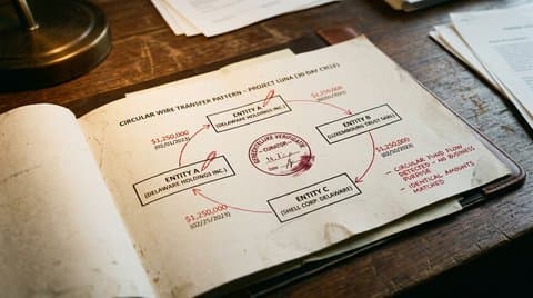 Forensic bank reconciliation diagram with judicial stamps on wooden clerk desk