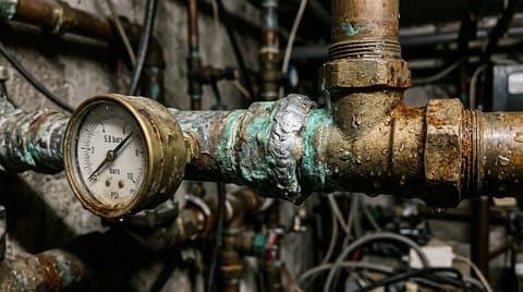 Aged lead-to-brass wiped joint with verdigris patina and analog pressure gauge