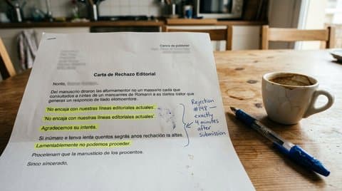 Publisher rejection letter with highlighted boilerplate text and espresso cup