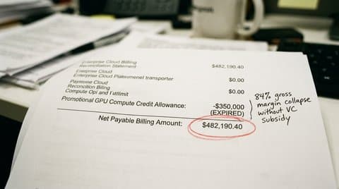 Enterprise cloud billing statement with expired promotional credit lines and red pen markup
