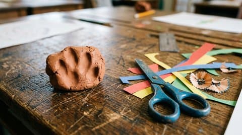 Primary school scissors and construction paper on worn wooden desk