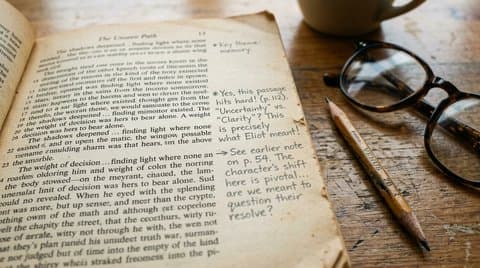 Extreme close-up of yellowed paperback book page with handwritten graphite pencil notes in margin