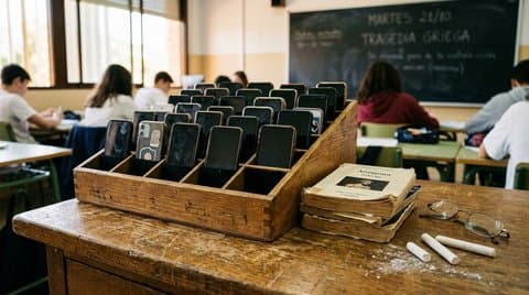 Compartmentalized wooden box filled with powered-off student phones beside paperback copies of Antigone and chalk