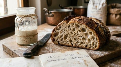 Freshly sliced 36-hour sourdough loaf showing open honeycomb crumb beside a jar of active lievito madre starter