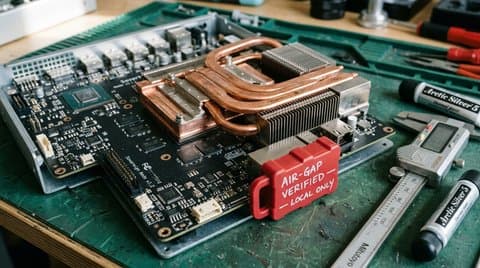 Open fanless sovereign compute node showing milled copper heatpipes and a red physical air-gap plug sealing the RJ45 port
