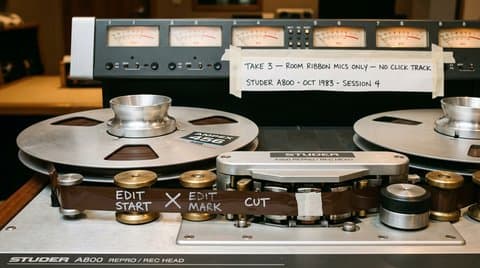 Transport deck of a Studer A800 two-inch magnetic tape recorder with aluminum reel and china-marker edit marks